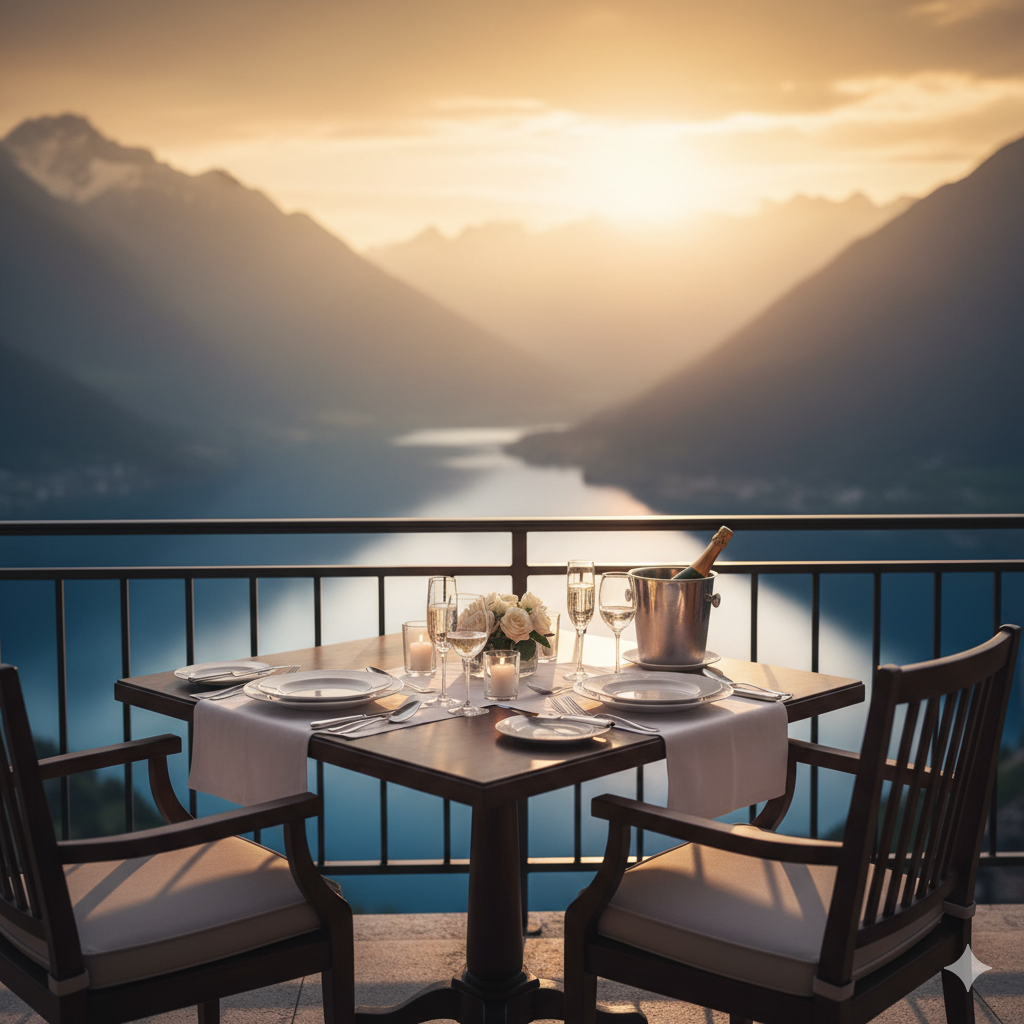 Couple dining by a lake